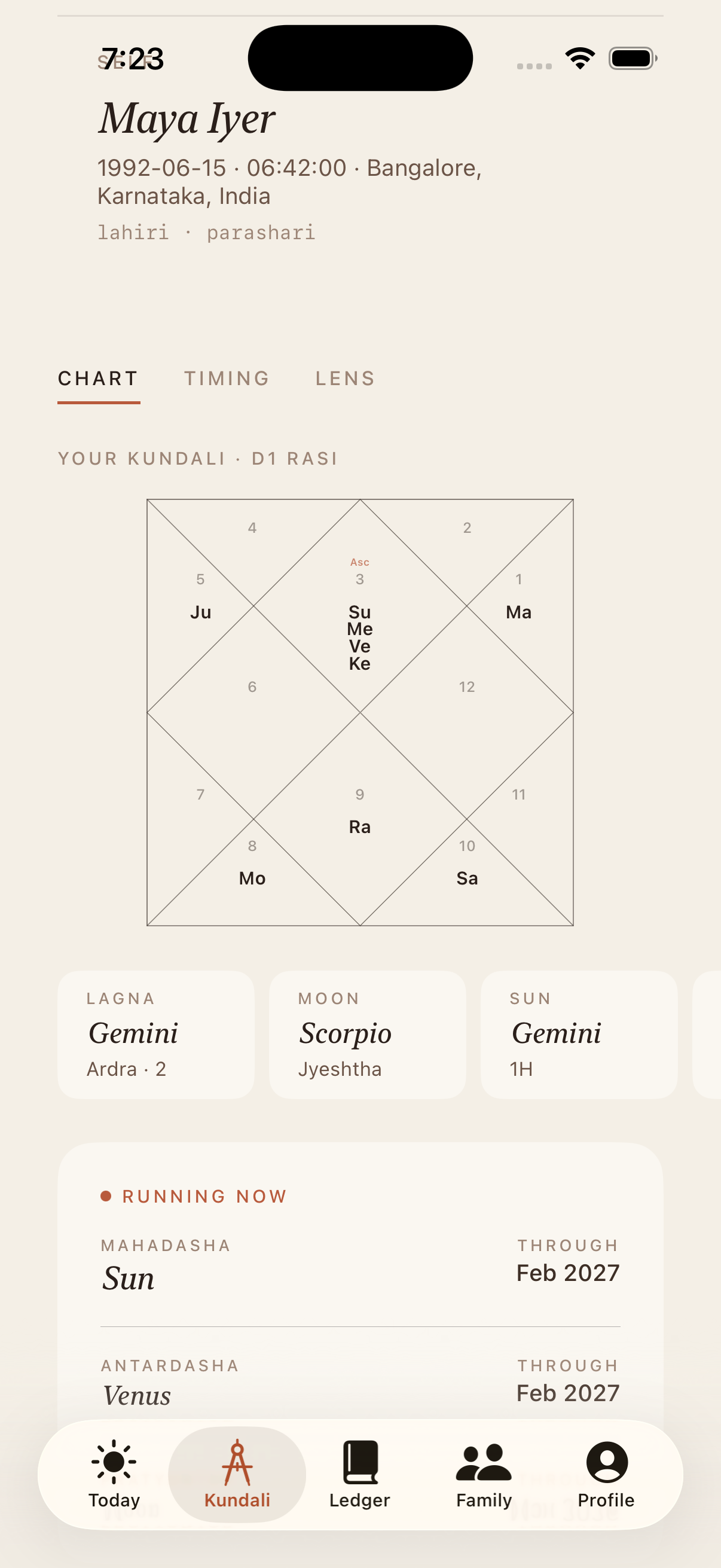 Kundali — D1 chart with Lagna, Moon, Sun cards